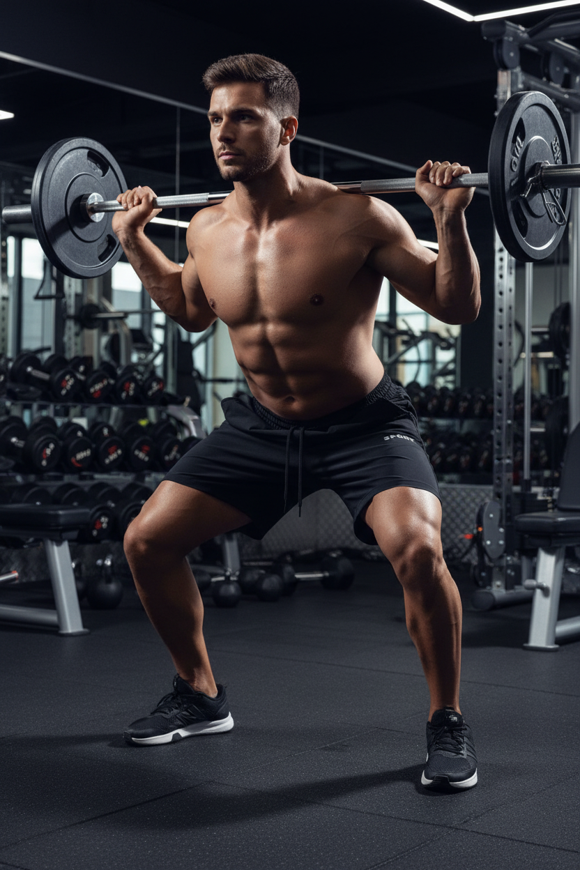 Atleta musculoso en el gym luciendo short deportivo negro premium